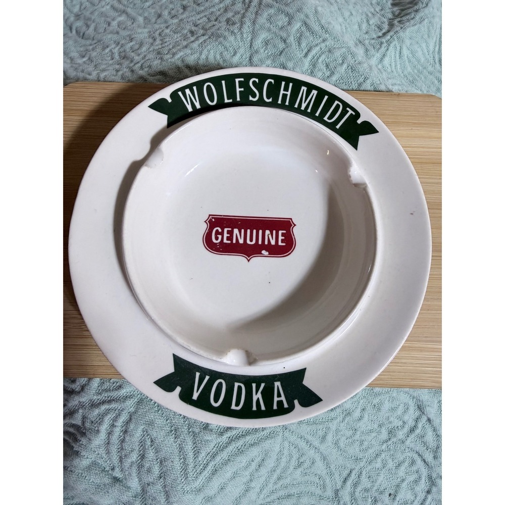 Wolfschmidt Vodka Ashtray Vintage Ceramic White Green Red Barware Tobacciana 6in